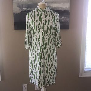 EUC, green&white print dress, M